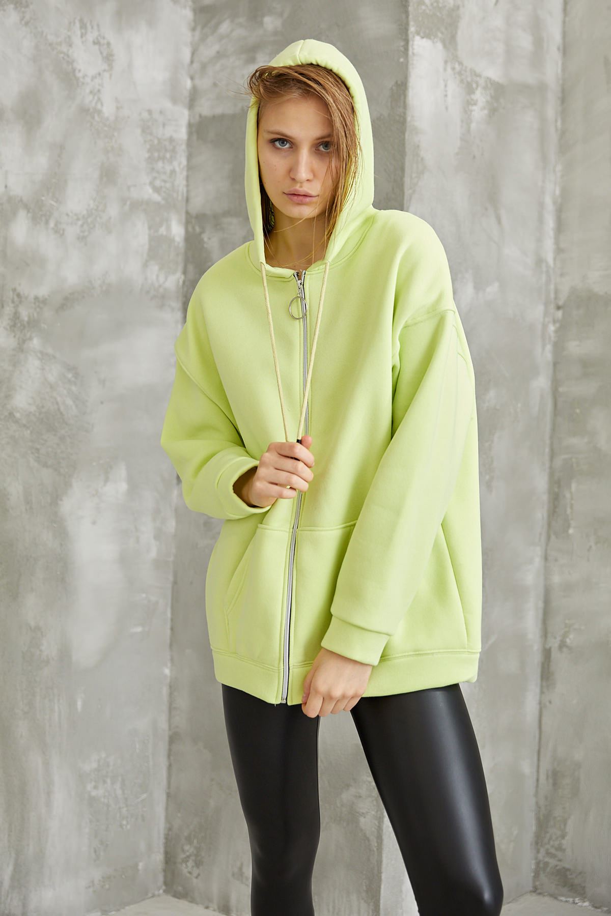 Oversize Fermuarlı Sweatshirt-Fıstık Yeşili