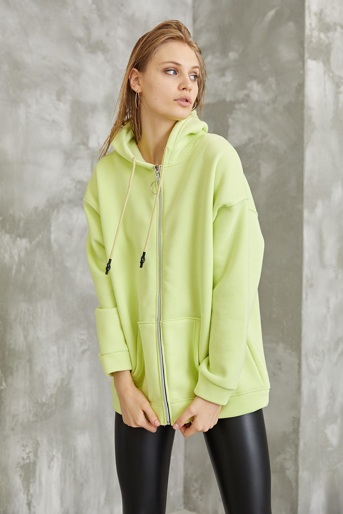 Oversize Fermuarlı Sweatshirt-Fıstık Yeşili