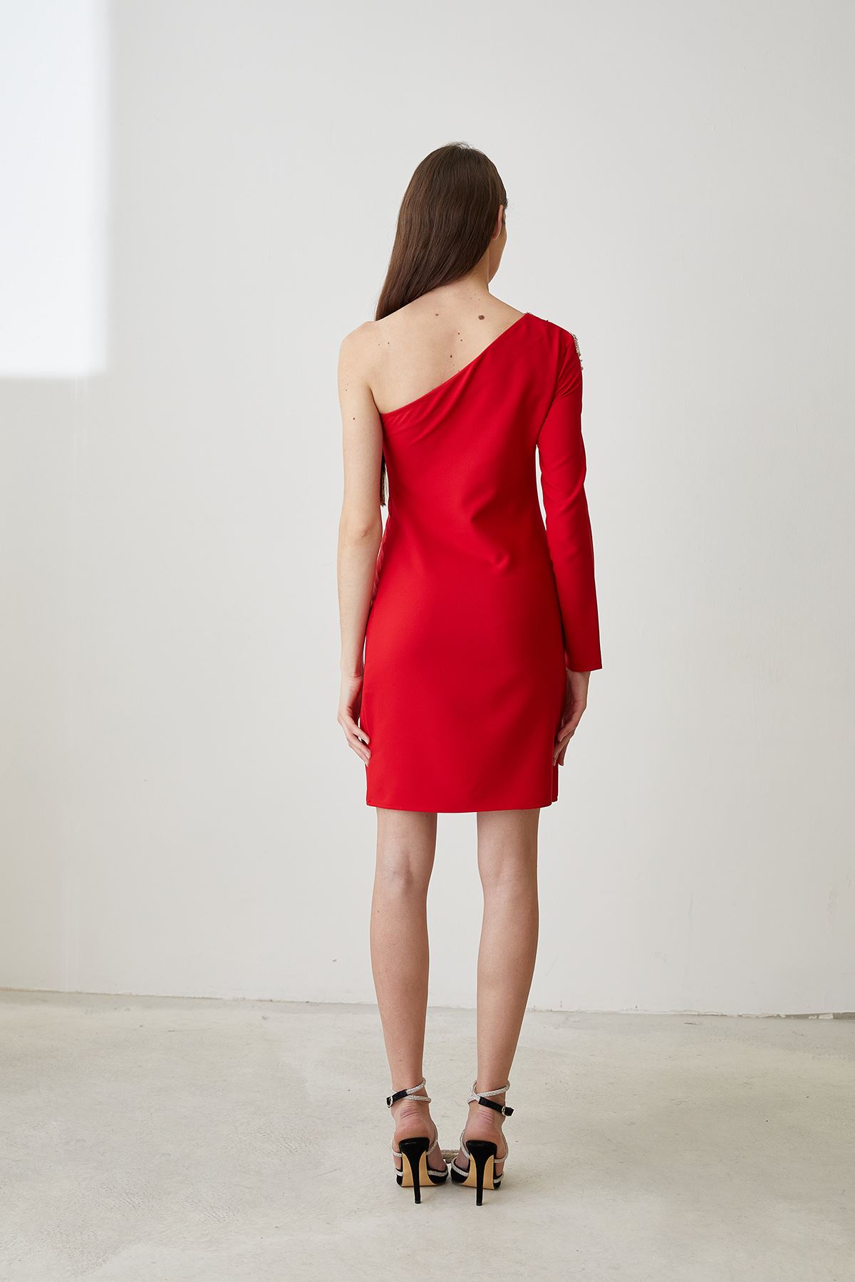 Taş Detay Elbise-Kırmızı