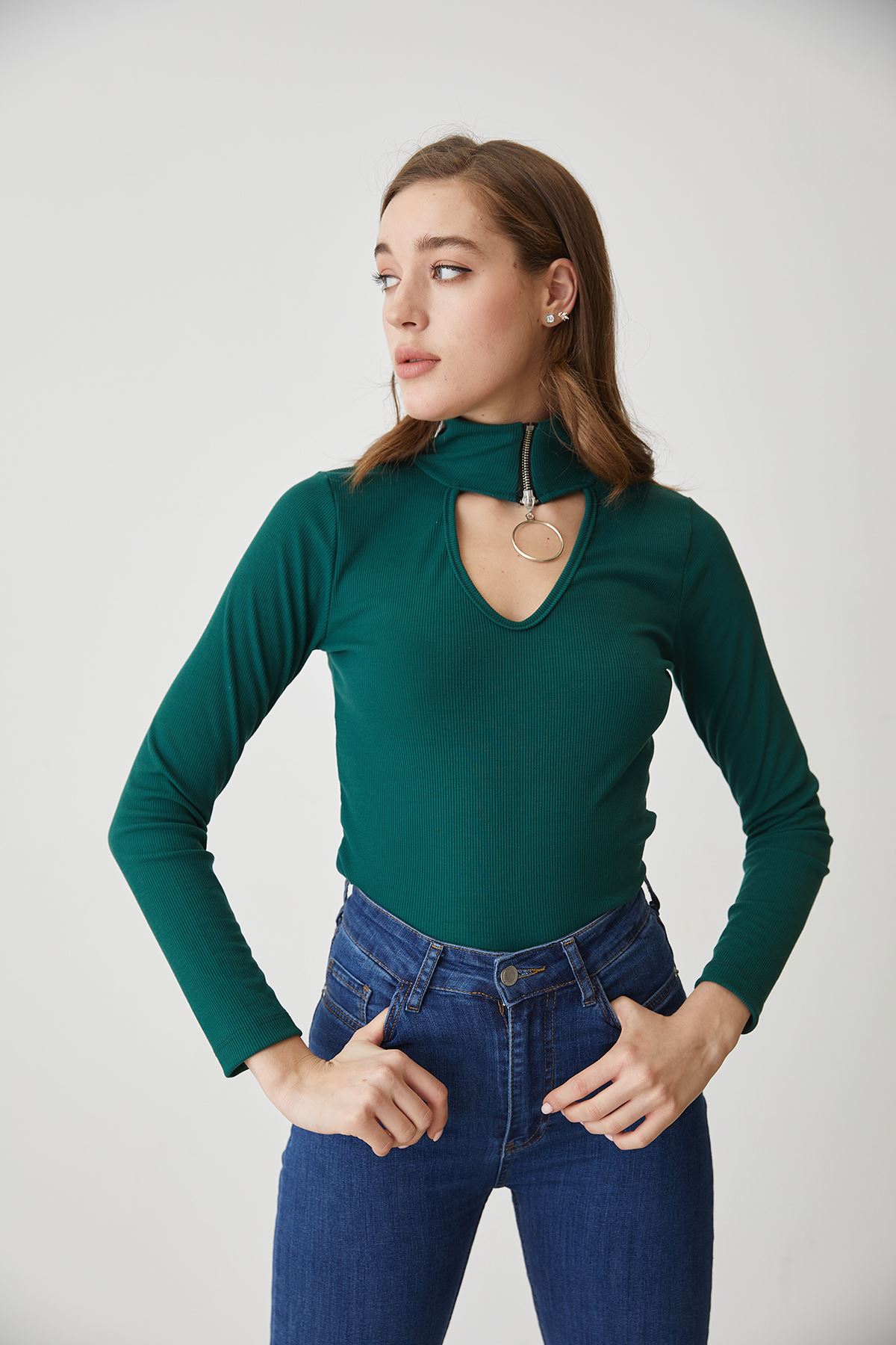 Fermuarlı Bluz-Yeşil