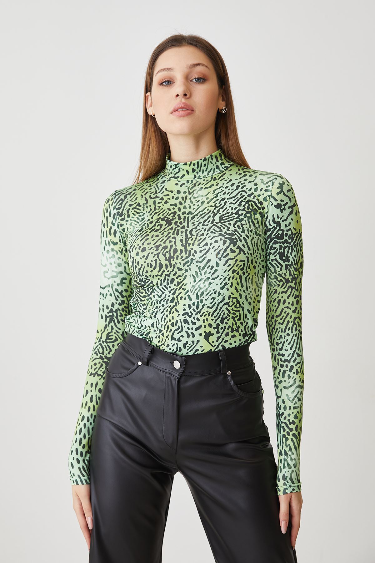 Leopar Desen Bluz-Yeşil