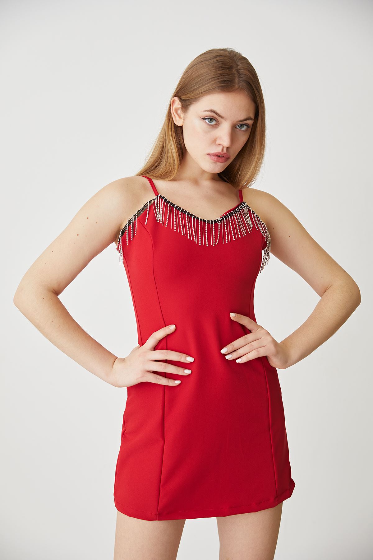 Taşlı Mini Elbise-Kırmızı