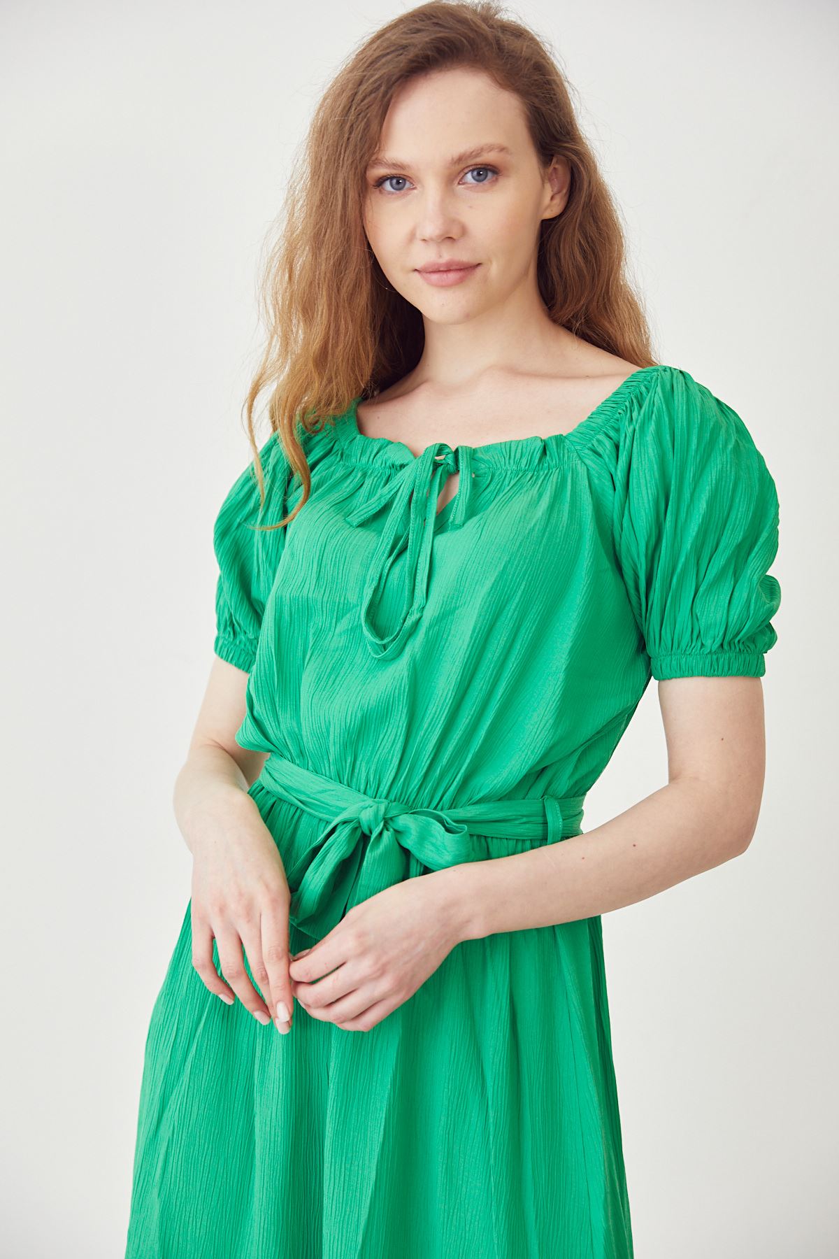 Eteği Volanlı Elbise-Yeşil