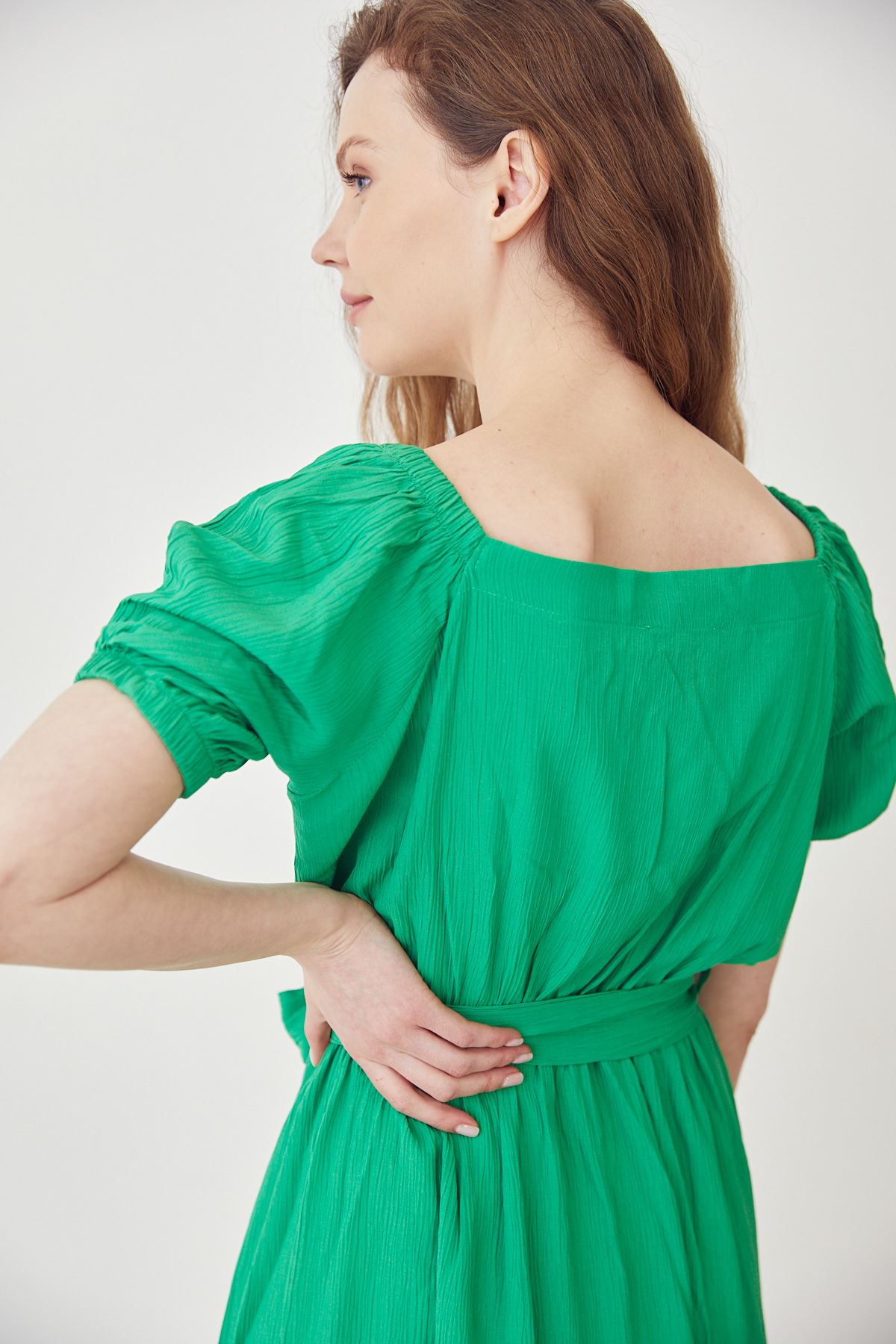 Eteği Volanlı Elbise-Yeşil