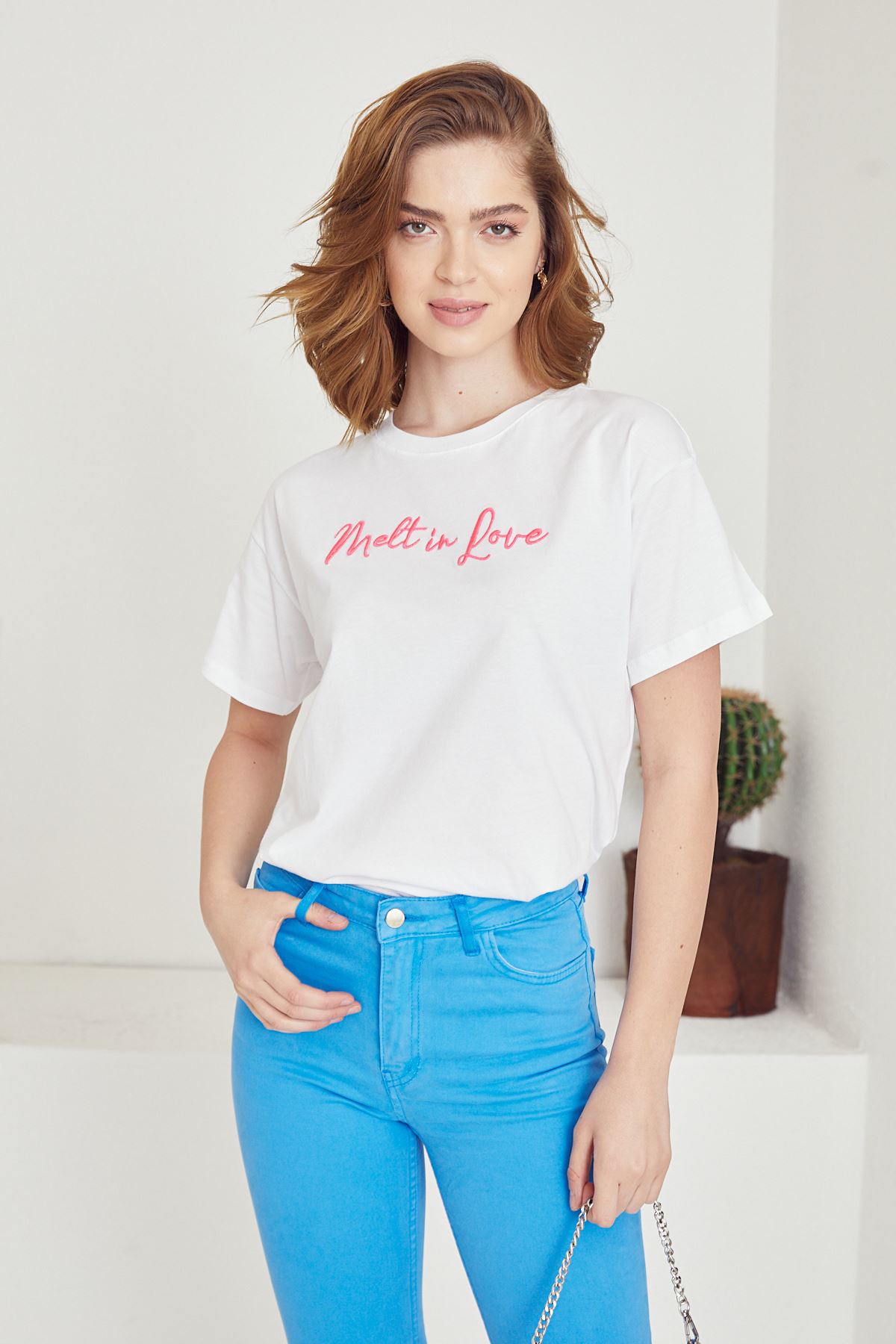 Yazılı T-shirt-Beyaz/Fuşya