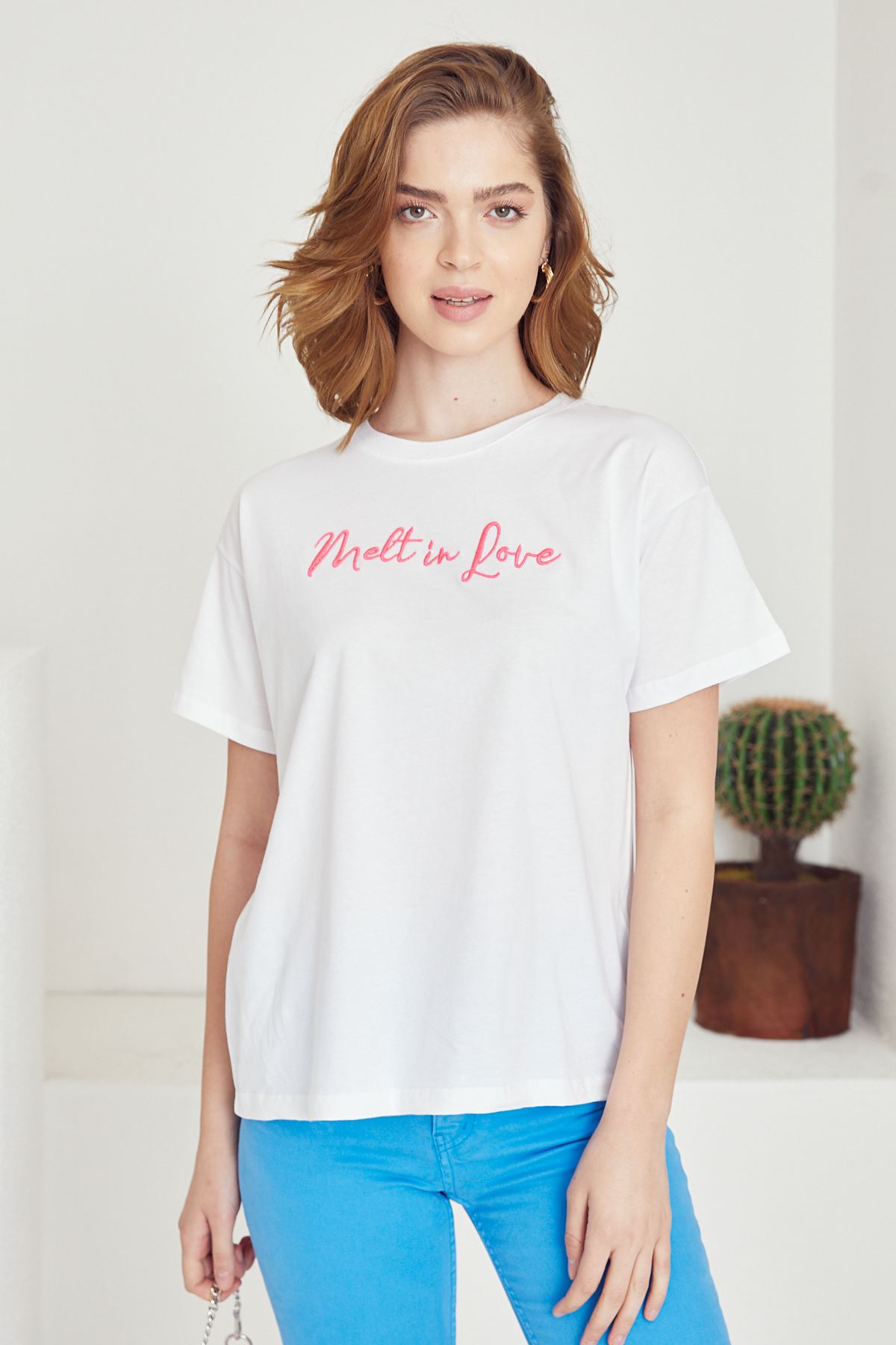 Yazılı T-shirt-Beyaz/Fuşya