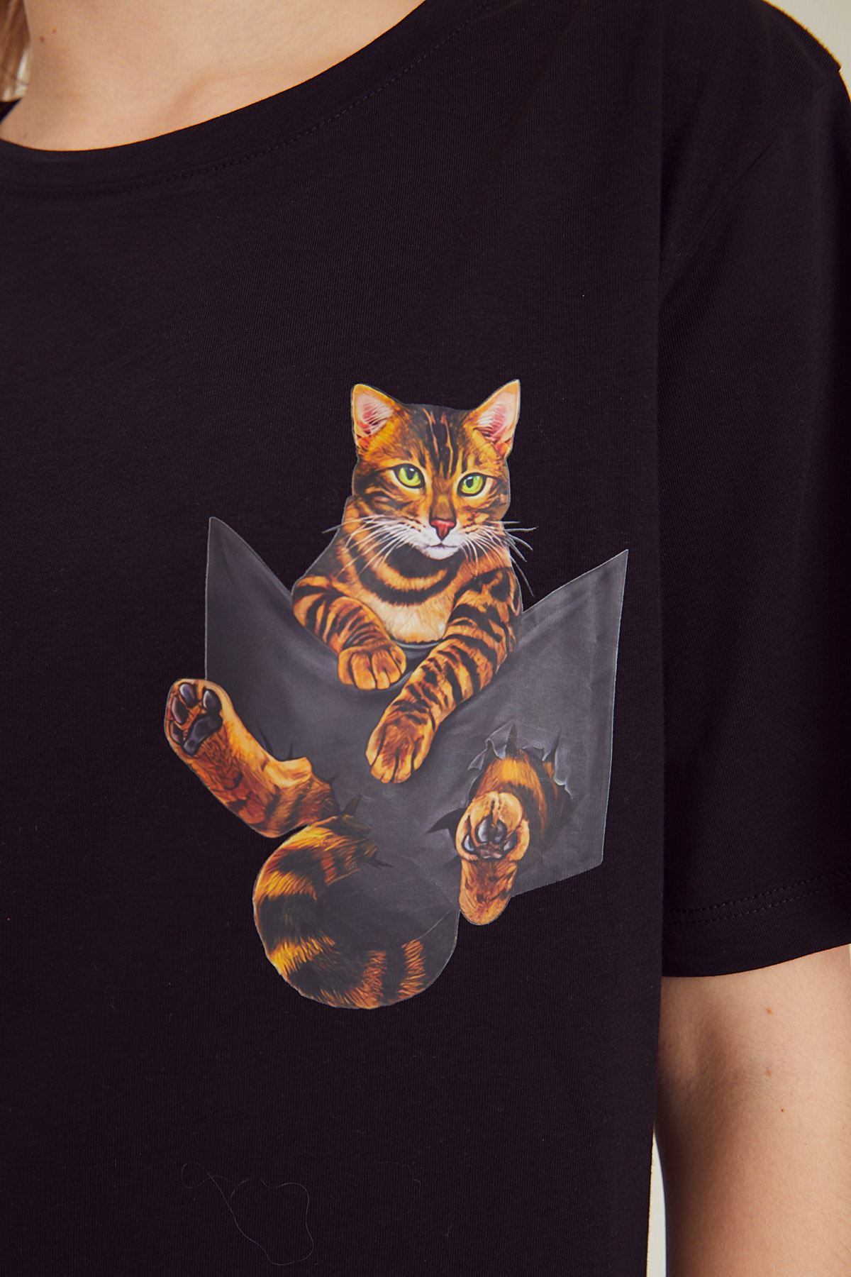 Kedi Baskılı T-shirt-Siyah