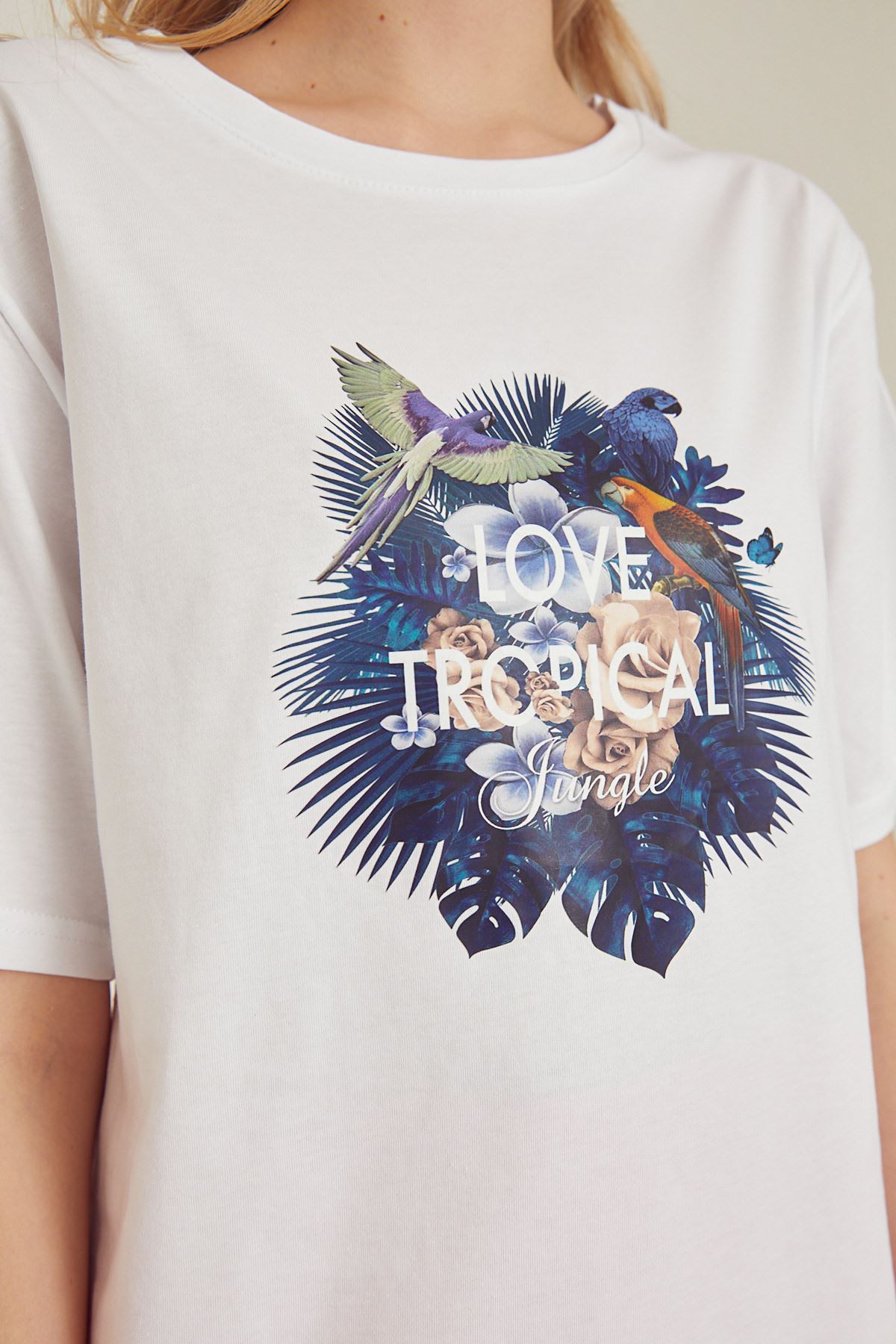 Love Tropical Baskılı T-shirt-Beyaz