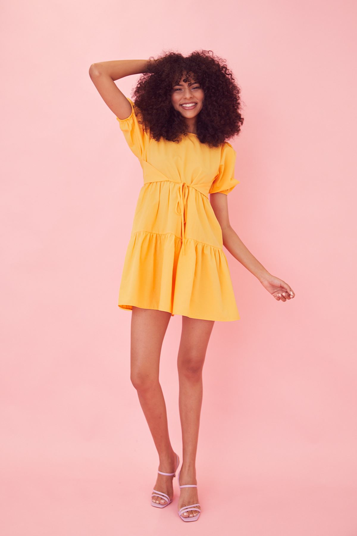 Sırt Detay Poplin Elbise-Sarı