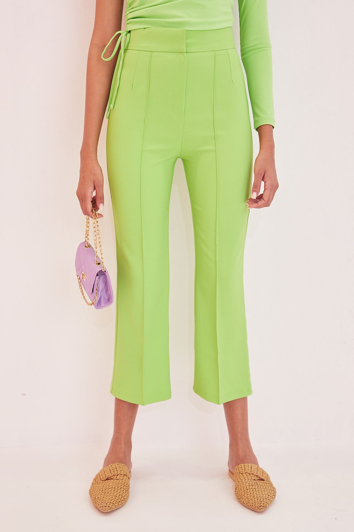 Yüksek Bel Pensli Pantolon-Neon Yeşil