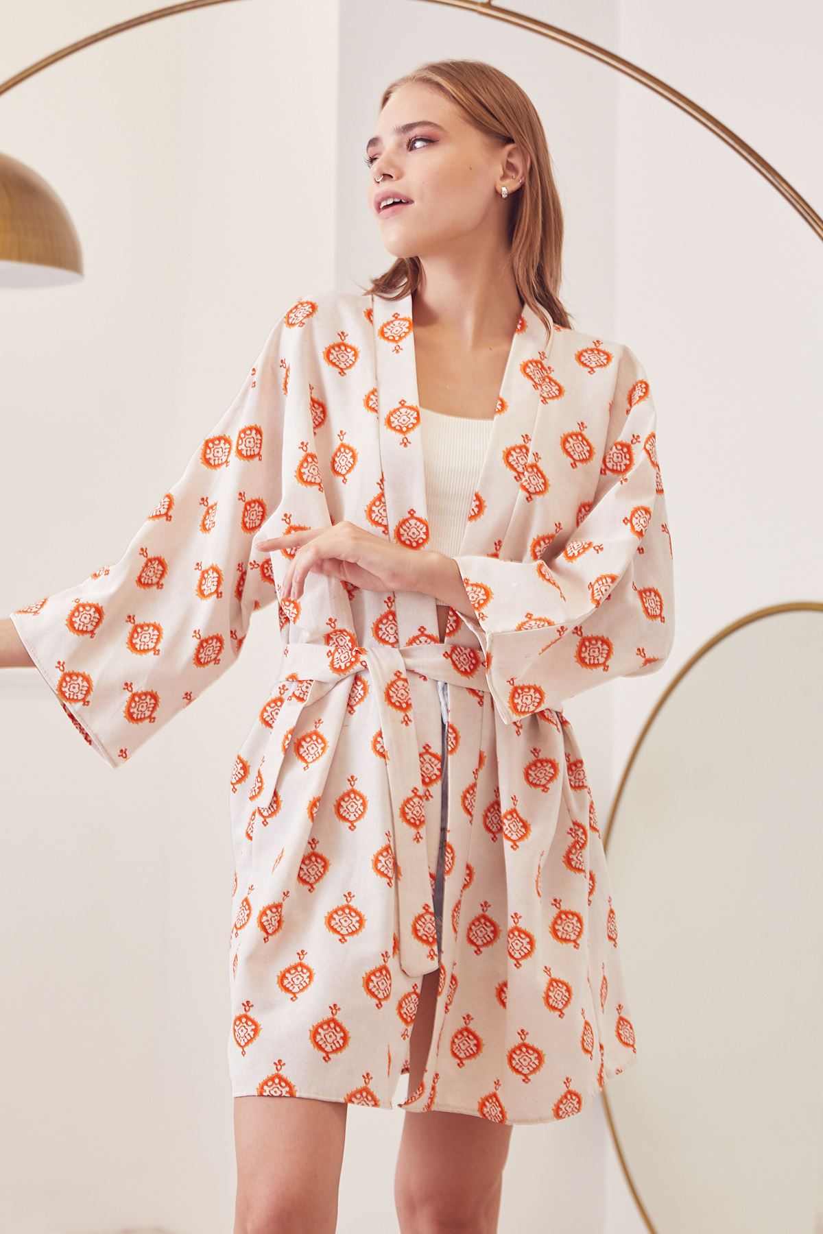 Desenli Keten Kimono-Oranj