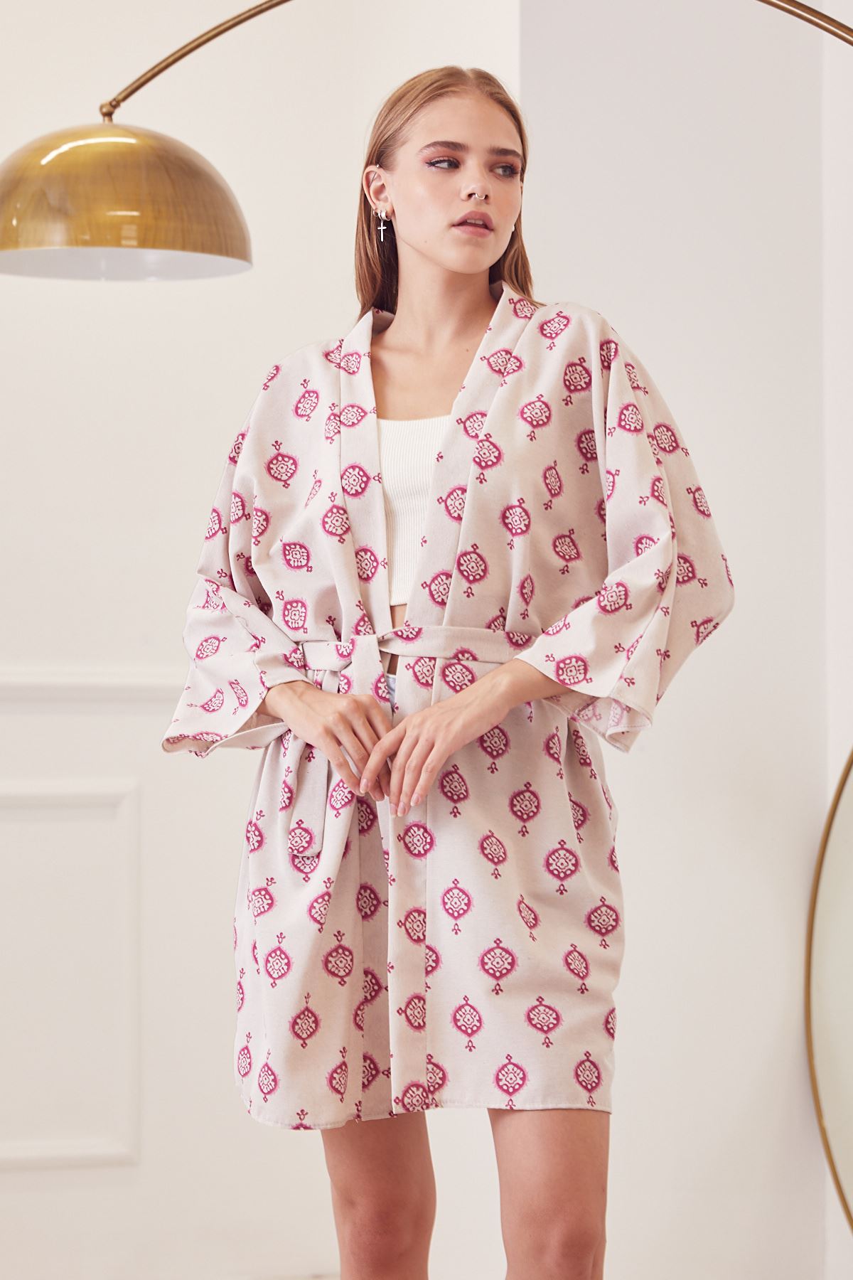 Desenli Kuşak Detay Kimono Ceket-Gül Kurusu