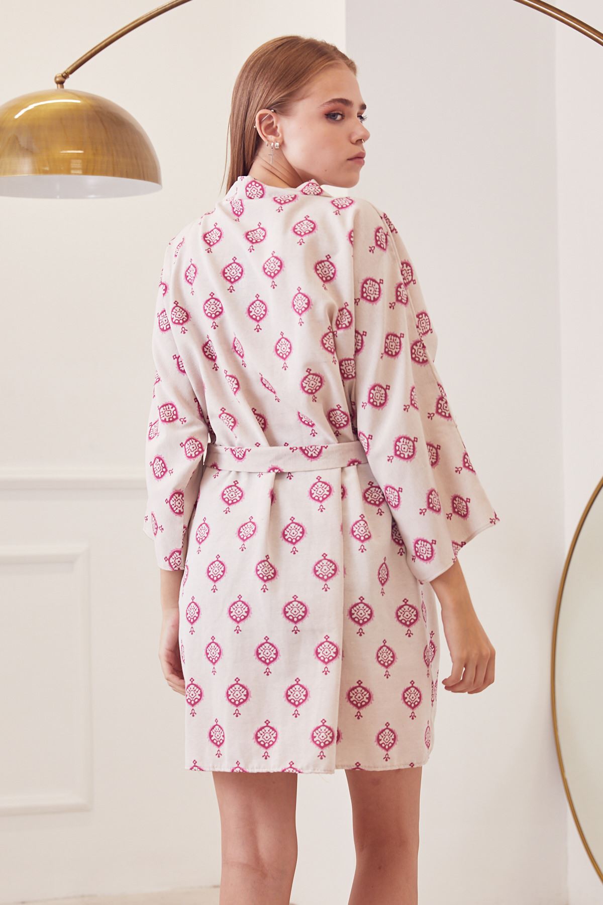 Desenli Kuşak Detay Kimono Ceket-Gül Kurusu