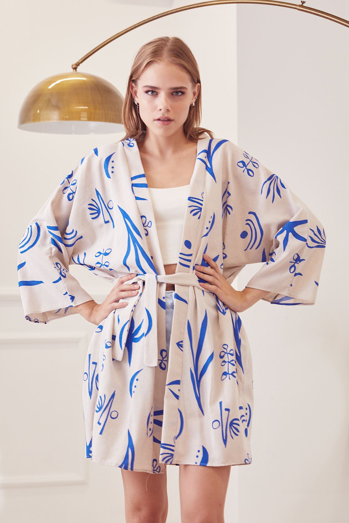 Desenli Kuşak Detay Kimono Ceket-Saks