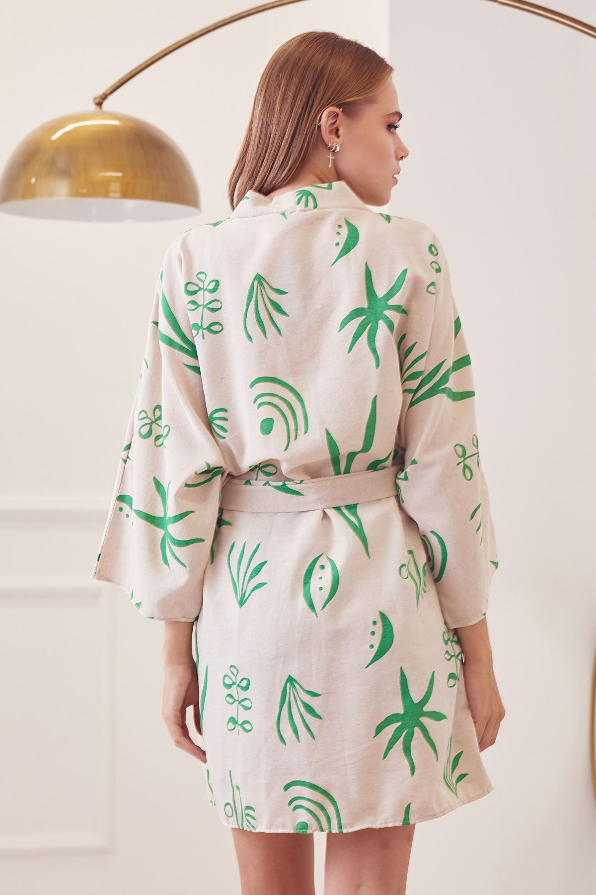Desenli Kuşak Detay Kimono Ceket-Yeşil