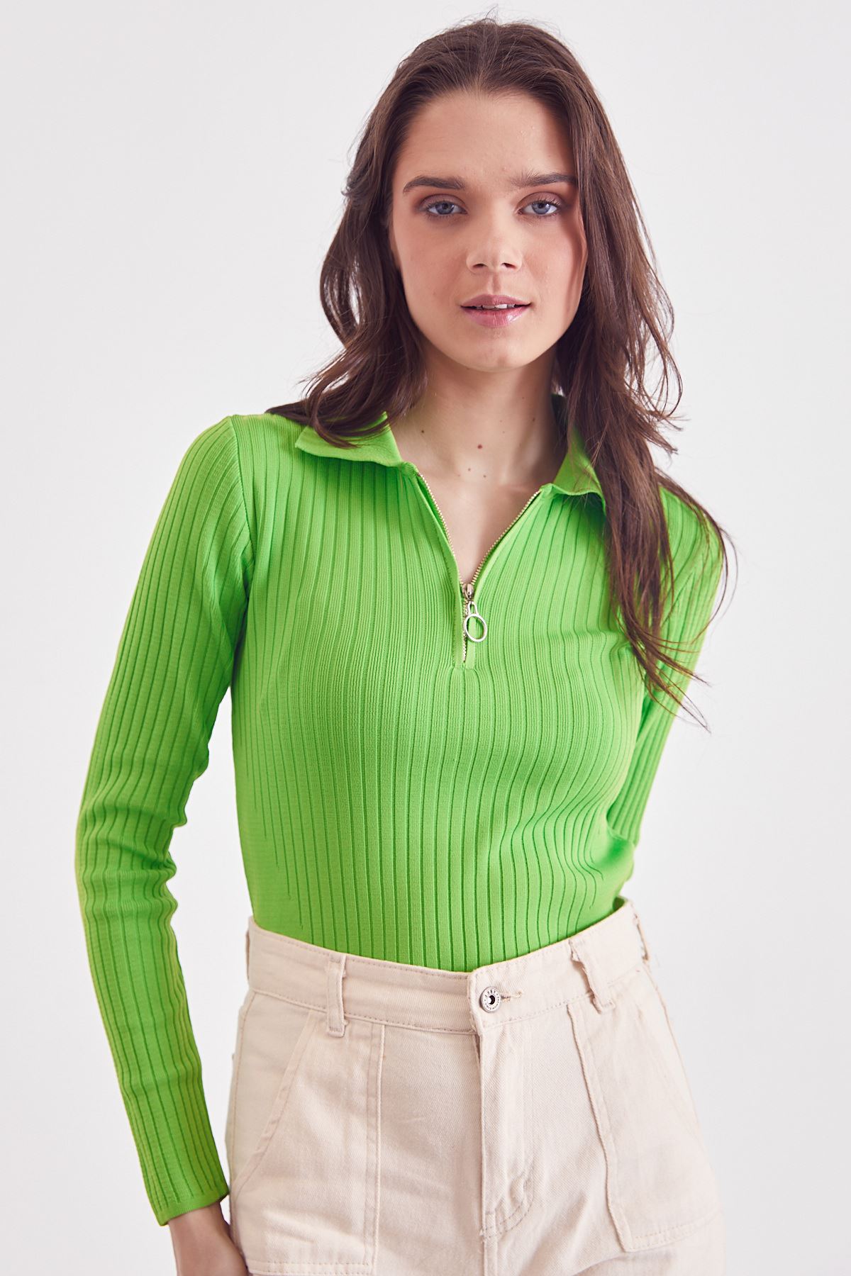 Fermuarlı Triko Bluz-Yeşil