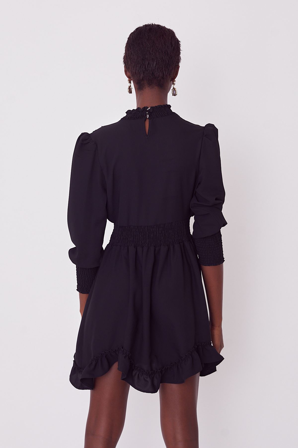 Kruvaze Büzgülü Elbise-Siyah