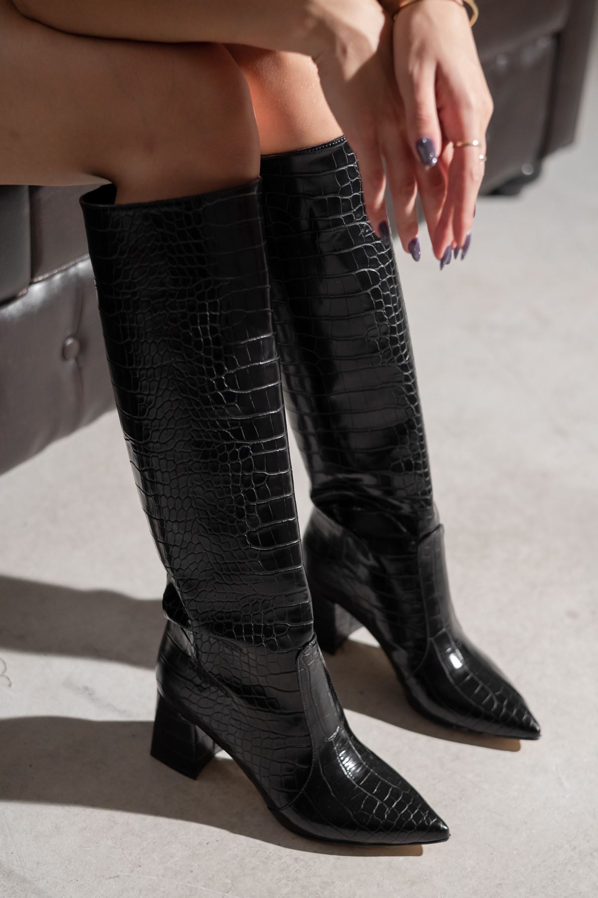 Kroko Desen Topuklu Ayakkabı-Siyah
