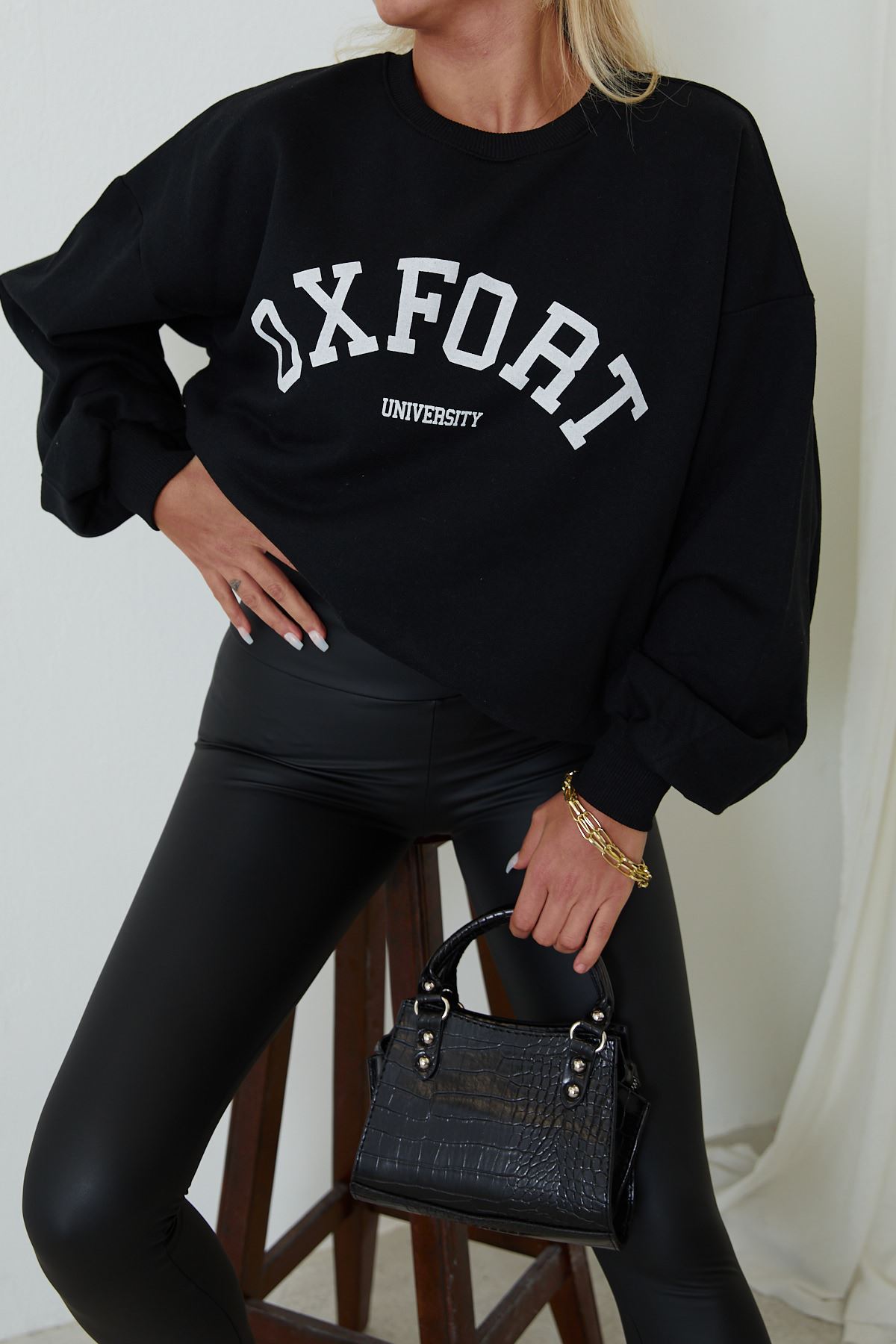 Oxford Baskılı Sweatshirt-Siyah