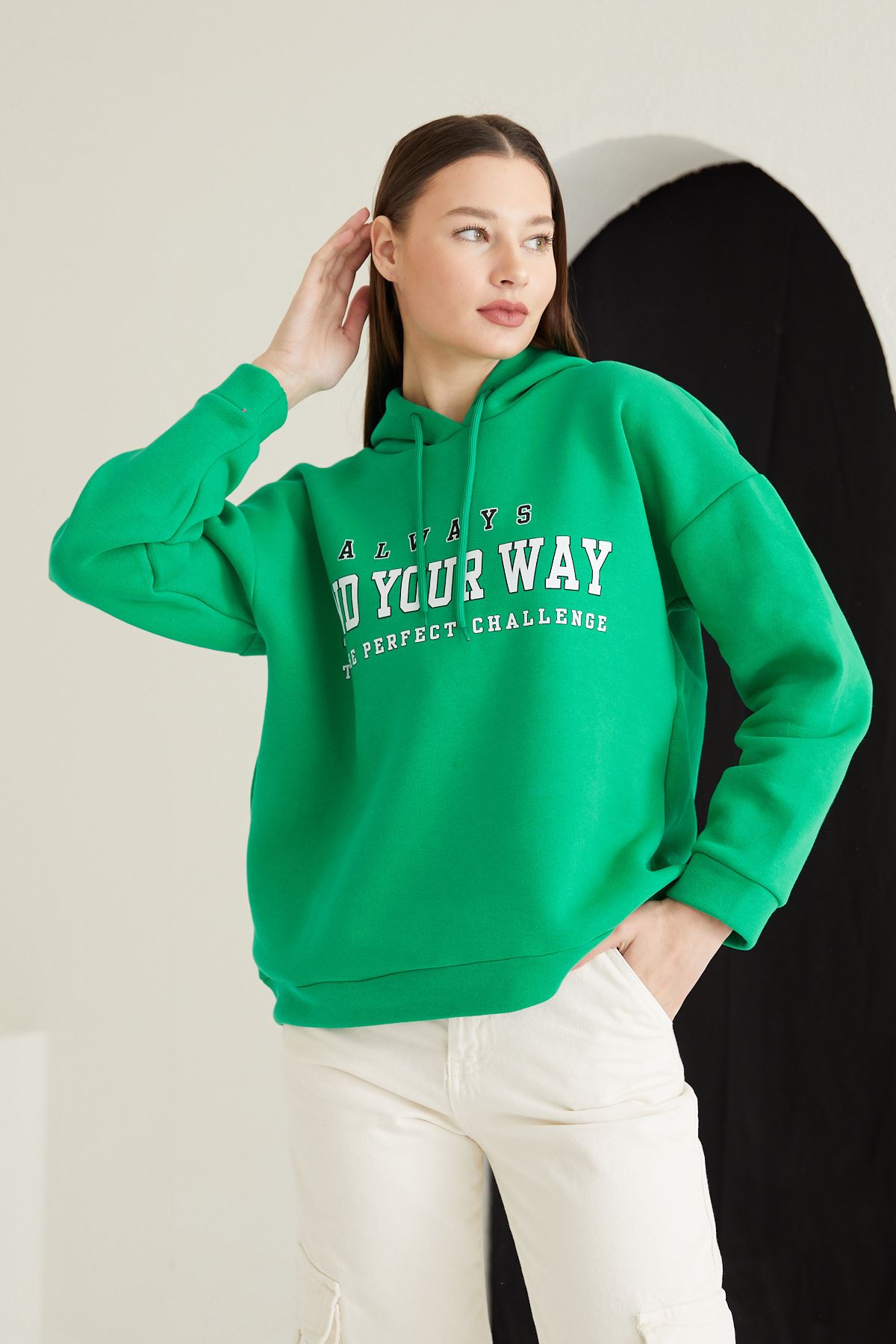 Baskılı Üç İplik Sweatshirt-Yeşil