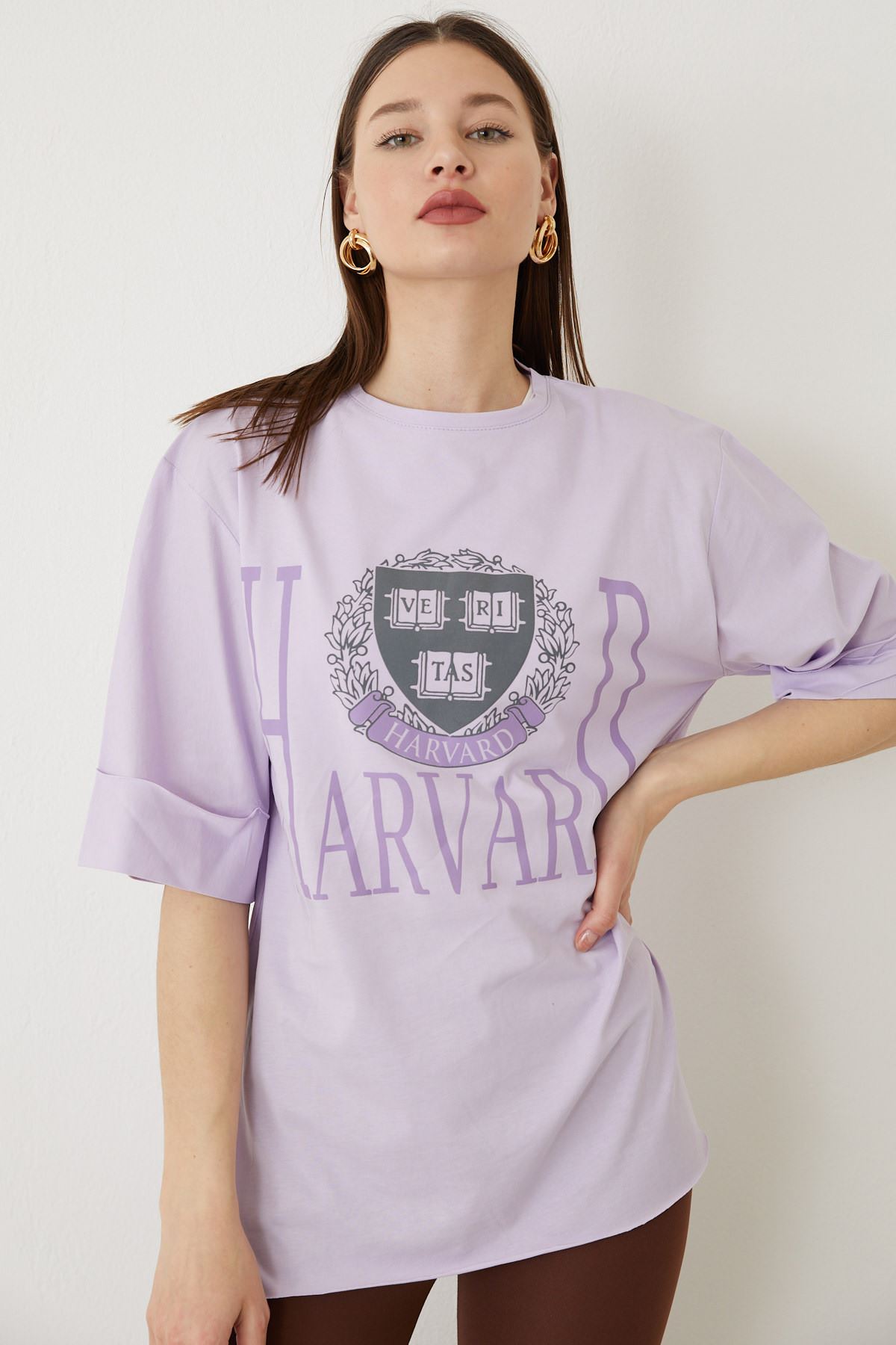 Harward Baskılı T-shirt-Lila