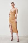Zincir Detay Askılı Elbise-Bej
